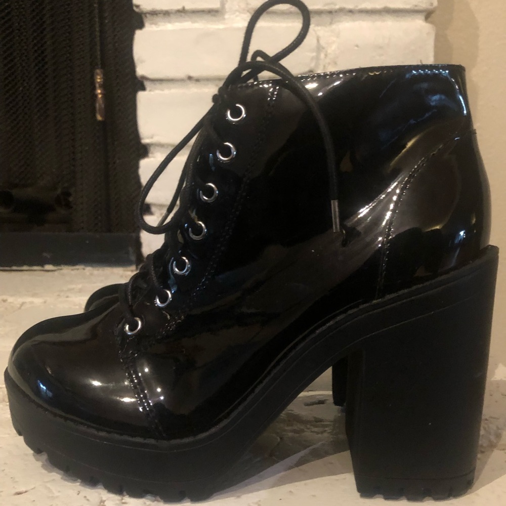 Platform patent leather lace up booties